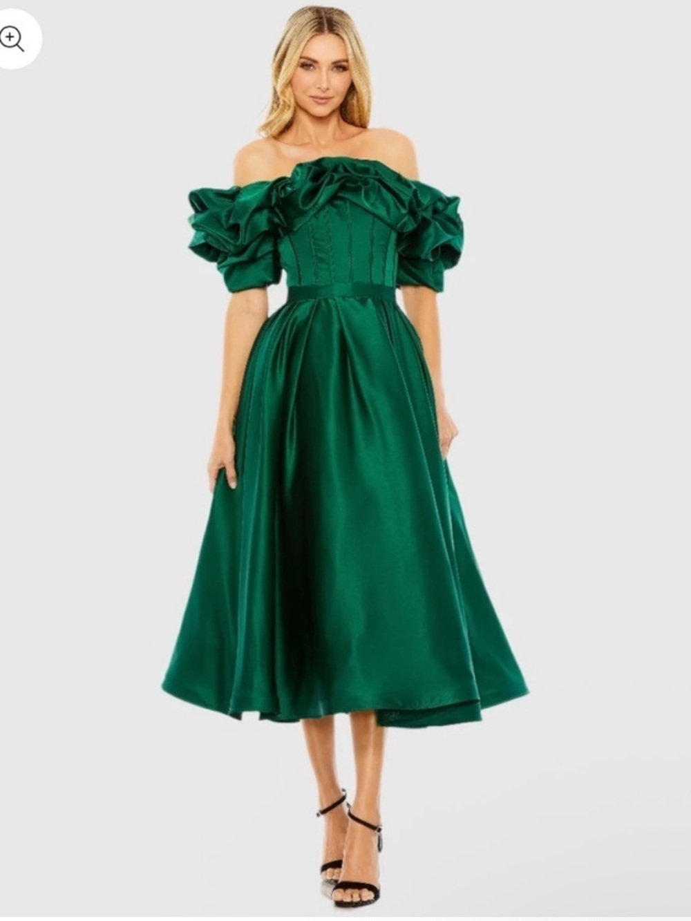 NWT Mac Duggal Emerald Green Ruffle Off the Shoulder Satin Midi Cocktail Dress